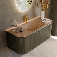KURVE-DLUX 110cm meubles de salle de bains courbe Gauche + Droite couleur Shadow avec 1 tiroir et 2 portes. Lavabo CLOUD Centrée 1 trou pour robinetter, couleur Arena.