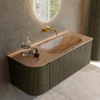 KURVE-DLUX 115cm mueble de baño curva Izquierda color Shadow con 1 cajón y 1 puerta. Lavabo BIG SMALL Derecho sin orificio Arena.