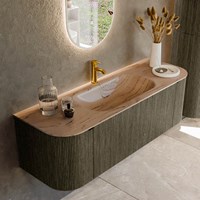 KURVE-DLUX 140cm mueble de baño curva Izquierda + Derecha color Shadow con 1 cajón y 2 puertas. Lavabo BIG SMALL Centro 1 orificio Arena.