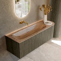 KURVE-DLUX 135cm bathroom vanity set curve Right color Shadow with 1 drawer and 1 door. Vanity top BIG MEDIUM Left without tab hole, color Arena.