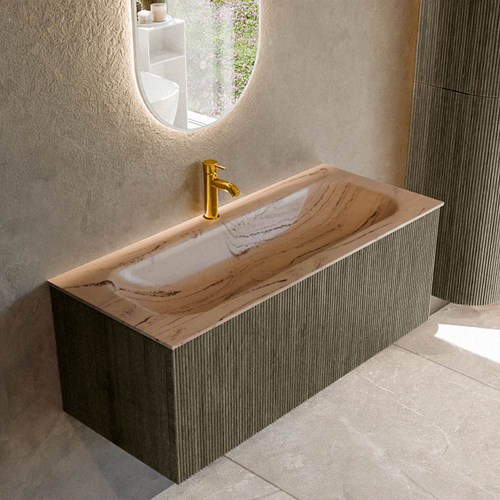 KURVE-DLUX 110cm bathroom vanity set color Shadow with 1 drawer and 0 doors. Vanity top BIG MEDIUM Center 1 tab hole, color Arena.