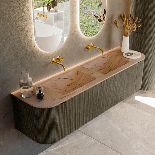 KURVE-DLUX 170cm mueble de baño curva Izquierda + Derecha color Shadow con 1 cajón y 2 puertas. Lavabo LEAF Doble sin orificio Arena.