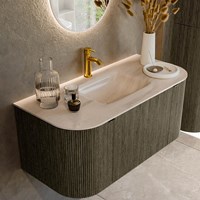 KURVE-DLUX 100cm meubles de salle de bains courbe Gauche + Droite couleur Shadow avec 1 tiroir et 2 portes. Lavabo GRUNNE Centrée 1 trou pour robinetter, couleur Meli.