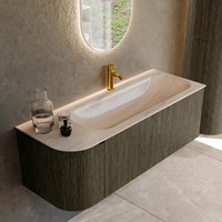 KURVE-DLUX 125cm bathroom vanity set curve Left color Shadow with 1 drawer and 1 door. Vanity top BIG MEDIUM Right 1 tab hole, color Meli.