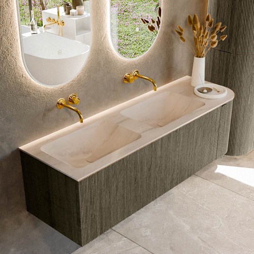 KURVE-DLUX 145cm mobili da bagno curva Destra colore Shadow con 1 cassetto e 1 porta. Lavabo LEAF Doppio / Sinistra senza foro per il rubinetto, colore Meli.