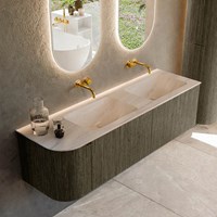 KURVE-DLUX 155cm meubles de salle de bains courbe Gauche couleur Shadow avec 2 tiroirs et 1 porte. Lavabo LEAF Double / Droite sans trou pour robinet, couleur Meli.