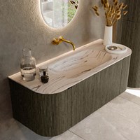 KURVE-DLUX 120cm mobili da bagno curva Sinistra + Destra colore Shadow con 1 cassetto e 2 porte. Lavabo BIG SMALL Centro senza foro per il rubinetto, colore Nata.