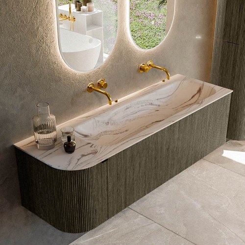 KURVE-DLUX 145cm meubles de salle de bains courbe Gauche couleur Shadow avec 1 tiroir et 1 porte. Lavabo BIG LARGE Droite sans trou pour robinet, couleur Nata.