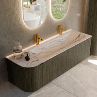 KURVE-DLUX 145cm bathroom vanity set curve Left color Shadow with 1 drawer and 1 door. Vanity top BIG LARGE Right 2 tab holes, color Nata.