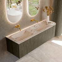 KURVE-DLUX 155cm mobili da bagno curva Destra colore Shadow con 2 cassetti e 1 porta. Lavabo LEAF Doppio / Sinistra senza foro per il rubinetto, colore Nata.