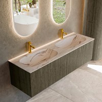 KURVE-DLUX 150cm meubles de salle de bains couleur Shadow avec 2 tiroirs et 0 portes. Lavabo STOR SMALL Double 2 trous robinetterie, couleur Nata.