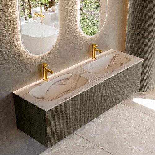 KURVE-DLUX 150cm meubles de salle de bains couleur Shadow avec 2 tiroirs et 0 portes. Lavabo STOR SMALL Double 2 trous robinetterie, couleur Nata.