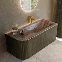 KURVE-DLUX 105cm bathroom vanity set curve Left color Shadow with 1 drawer and 1 door. Vanity top BIG SMALL Right 1 tab hole, color Oza.