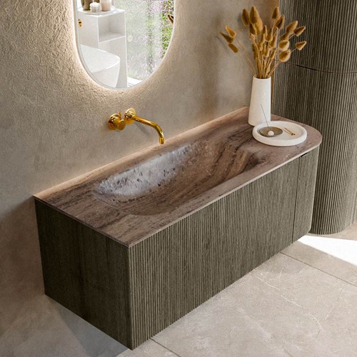 KURVE-DLUX 115cm meubles de salle de bains courbe Droite couleur Shadow avec 1 tiroir et 1 porte. Lavabo BIG SMALL Gauche sans trou pour robinet, couleur Oza.