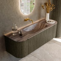 KURVE-DLUX 140cm mobili da bagno curva Sinistra + Destra colore Shadow con 1 cassetto e 2 porte. Lavabo BIG SMALL Centro senza foro per il rubinetto, colore Oza.