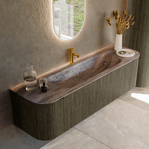 KURVE-DLUX 160cm mueble de baño curva Izquierda + Derecha color Shadow con 1 cajón y 2 puertas. Lavabo BIG MEDIUM Centro 1 orificio Oza.