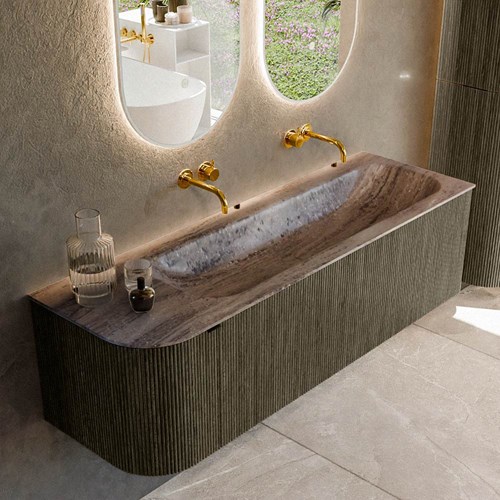 KURVE-DLUX 145cm mobili da bagno curva Sinistra colore Shadow con 1 cassetto e 1 porta. Lavabo BIG LARGE Destra senza foro per il rubinetto, colore Oza.