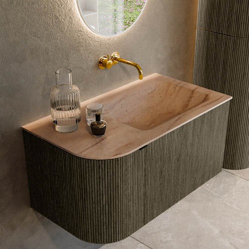 KURVE-DLUX 85cm mobili da bagno curva Sinistra colore Shadow con 1 cassetto e 1 porta. Lavabo CLOUD Destra senza foro per il rubinetto, colore Saba.