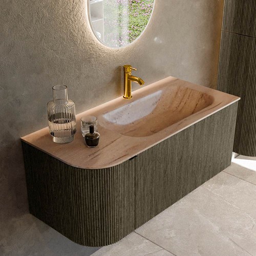 KURVE-DLUX 105cm mobili da bagno curva Sinistra colore Shadow con 1 cassetto e 1 porta. Lavabo BIG SMALL Destra 1 foro per rubinetto, colore Saba.