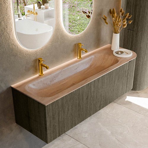 KURVE-DLUX 145cm mueble de baño curva Derecha color Shadow con 1 cajón y 1 puerta. Lavabo BIG LARGE Izquierda 2 orificios Saba.