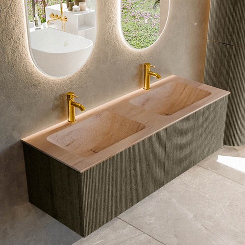 KURVE-DLUX 130cm bathroom vanity set color Shadow with 2 drawers and 0 doors. Vanity top LEAF Double 2 tab holes, color Saba.