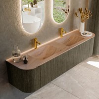 KURVE-DLUX 180cm meubles de salle de bains courbe Gauche + Droite couleur Shadow avec 2 tiroirs et 2 portes. Lavabo LEAF Double 2 trous robinetterie, couleur Saba.