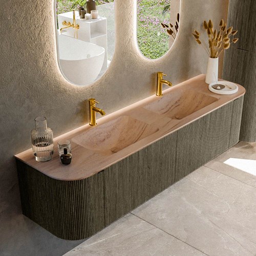 KURVE-DLUX 180cm meubles de salle de bains courbe Gauche + Droite couleur Shadow avec 2 tiroirs et 2 portes. Lavabo LEAF Double 2 trous robinetterie, couleur Saba.