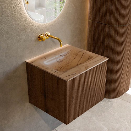 KURVE-DLUX 50cm meubles de salle de bains couleur Walnut avec 1 tiroir et 0 portes. Lavabo GRUNNE Centrée sans trou pour robinet, couleur Arena.