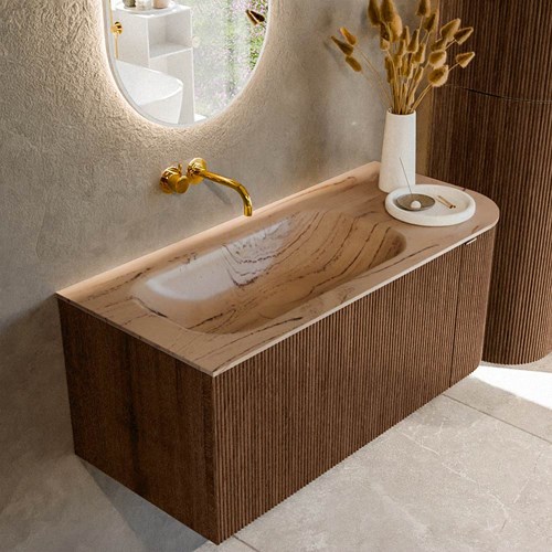 KURVE-DLUX 105cm meubles de salle de bains courbe Droite couleur Walnut avec 1 tiroir et 1 porte. Lavabo BIG SMALL Gauche sans trou pour robinet, couleur Arena.