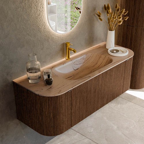 KURVE-DLUX 130cm mobili da bagno curva Sinistra + Destra colore Walnut con 1 cassetto e 2 porte. Lavabo BIG SMALL Centro 1 foro per rubinetto, colore Arena.