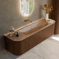 KURVE-DLUX 160cm badmeubel ronding Links + Rechts kleur Walnut met 1 lade en 2 deuren. Wastafel BIG MEDIUM Midden zonder kraangat Arena.