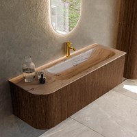KURVE-DLUX 135cm badmeubel ronding Links kleur Walnut met 1 lade en 1 deur. Wastafel BIG MEDIUM Rechts 1 kraangat Arena.