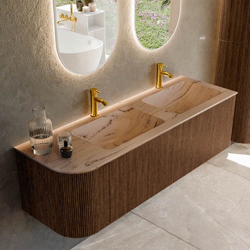 KURVE-DLUX 145cm mobili da bagno curva Sinistra colore Walnut con 1 cassetto e 1 porta. Lavabo LEAF Doppio / Destra 2 fori del rubinetto, colore Arena.