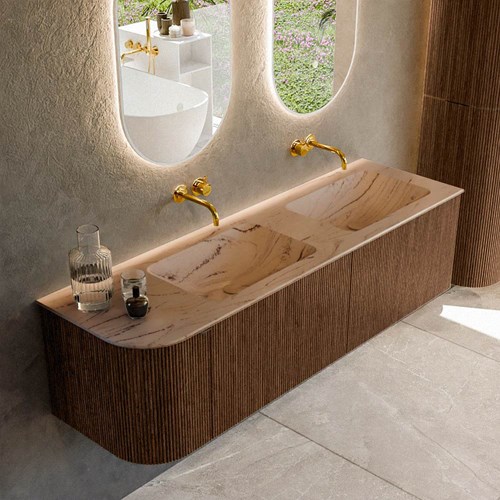 KURVE-DLUX 155cm bathroom vanity set curve Left color Walnut with 2 drawers and 1 door. Vanity top LEAF Double / Right without tab hole, color Arena.