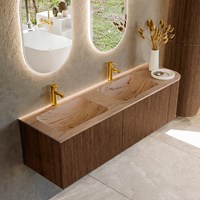 KURVE-DLUX 155cm meubles de salle de bains courbe Droite couleur Walnut avec 2 tiroirs et 1 porte. Lavabo LEAF Double / Gauche 2 trous robinetterie, couleur Arena.