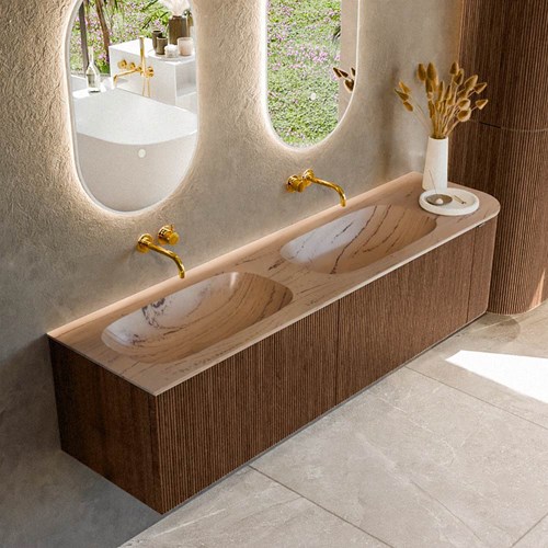 KURVE-DLUX 175cm badmöbel kurve Rechts farbe Walnut mit 2 schubladen und 1 tür. Einbauwaschbecken STOR SMALL Doppelt / Links kein hahnloch Arena.