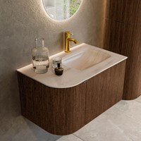 KURVE-DLUX 75cm mueble de baño curva Izquierda color Walnut con 1 cajón y 1 puerta. Lavabo GRUNNE Derecho 1 orificio Meli.