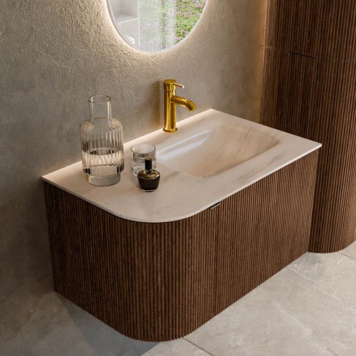KURVE-DLUX 75cm mueble de baño curva Izquierda color Walnut con 1 cajón y 1 puerta. Lavabo GRUNNE Derecho 1 orificio Meli.
