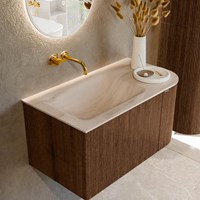KURVE-DLUX 85cm meubles de salle de bains courbe Droite couleur Walnut avec 1 tiroir et 1 porte. Lavabo CLOUD Gauche sans trou pour robinet, couleur Meli.