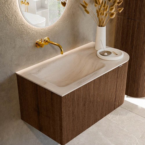 KURVE-DLUX 85cm meubles de salle de bains courbe Droite couleur Walnut avec 1 tiroir et 1 porte. Lavabo CLOUD Gauche sans trou pour robinet, couleur Meli.
