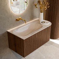 KURVE-DLUX 95cm mueble de baño curva Derecha color Walnut con 1 cajón y 1 puerta. Lavabo BIG SMALL Izquierda sin orificio Meli.