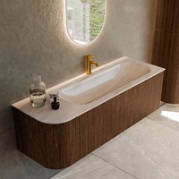 KURVE-DLUX 135cm meubles de salle de bains courbe Gauche couleur Walnut avec 1 tiroir et 1 porte. Lavabo BIG MEDIUM Droite 1 trou pour robinetter, couleur Meli.