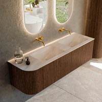 KURVE-DLUX 155cm mobili da bagno curva Sinistra colore Walnut con 2 cassetti e 1 porta. Lavabo LEAF Doppio / Destra senza foro per il rubinetto, colore Meli.