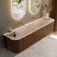 KURVE-DLUX 180cm mobili da bagno curva Sinistra + Destra colore Walnut con 2 cassetti e 2 porte. Lavabo LEAF Doppio senza foro per il rubinetto, colore Meli.