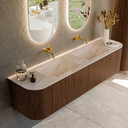 KURVE-DLUX 180cm mobili da bagno curva Sinistra + Destra colore Walnut con 2 cassetti e 2 porte. Lavabo LEAF Doppio senza foro per il rubinetto, colore Meli.