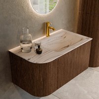 KURVE-DLUX 85cm badmöbel kurve Links farbe Walnut mit 1 schublade und 1 tür. Einbauwaschbecken CLOUD Rechts 1 hahnloch Nata.