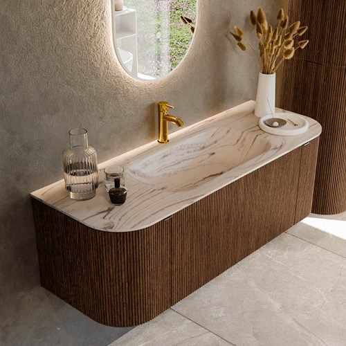 KURVE-DLUX 130cm meubles de salle de bains courbe Gauche + Droite couleur Walnut avec 1 tiroir et 2 portes. Lavabo BIG SMALL Centrée 1 trou pour robinetter, couleur Nata.