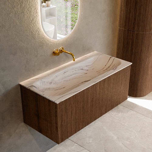 KURVE-DLUX 100cm meubles de salle de bains couleur Walnut avec 1 tiroir et 0 portes. Lavabo BIG MEDIUM Centrée sans trou pour robinet, couleur Nata.