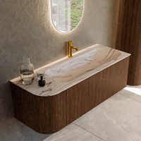KURVE-DLUX 125cm badmeubel ronding Links kleur Walnut met 1 lade en 1 deur. Wastafel BIG MEDIUM Rechts 1 kraangat Nata.