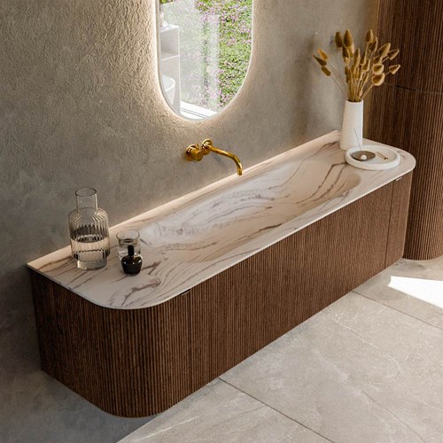 KURVE-DLUX 160cm meubles de salle de bains courbe Gauche + Droite couleur Walnut avec 1 tiroir et 2 portes. Lavabo BIG MEDIUM Centrée sans trou pour robinet, couleur Nata.